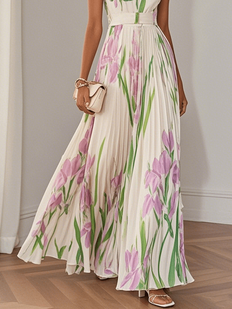 Floral Pleated Maxi Dress with Square Neckline