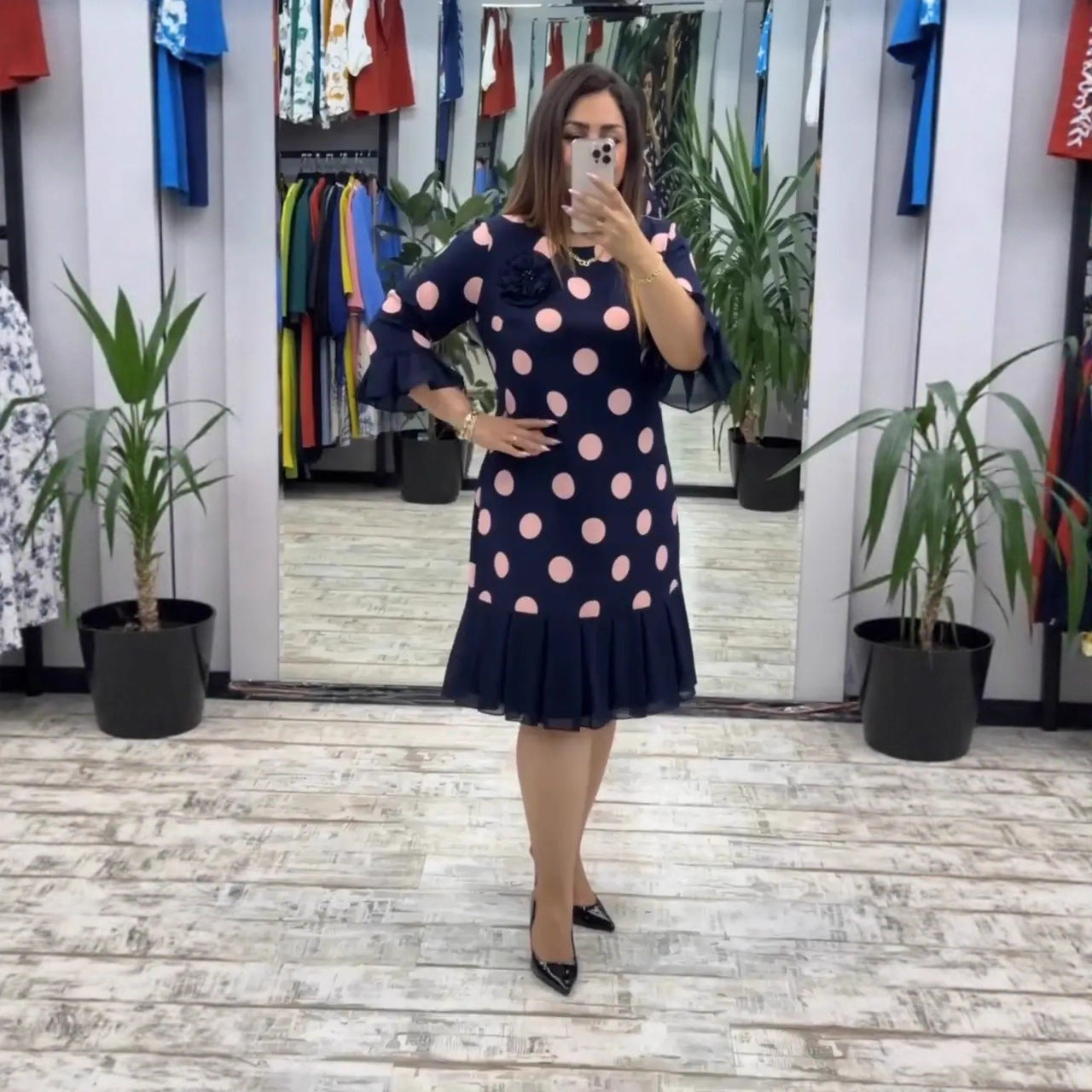 Women's Pleated Polka Dot Midi Dress