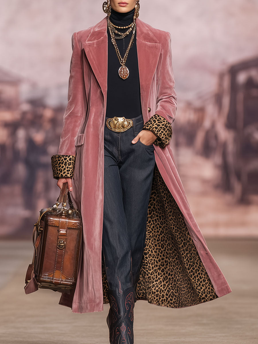 Women's Elegant Longline Velvet Coat with Leopard Print