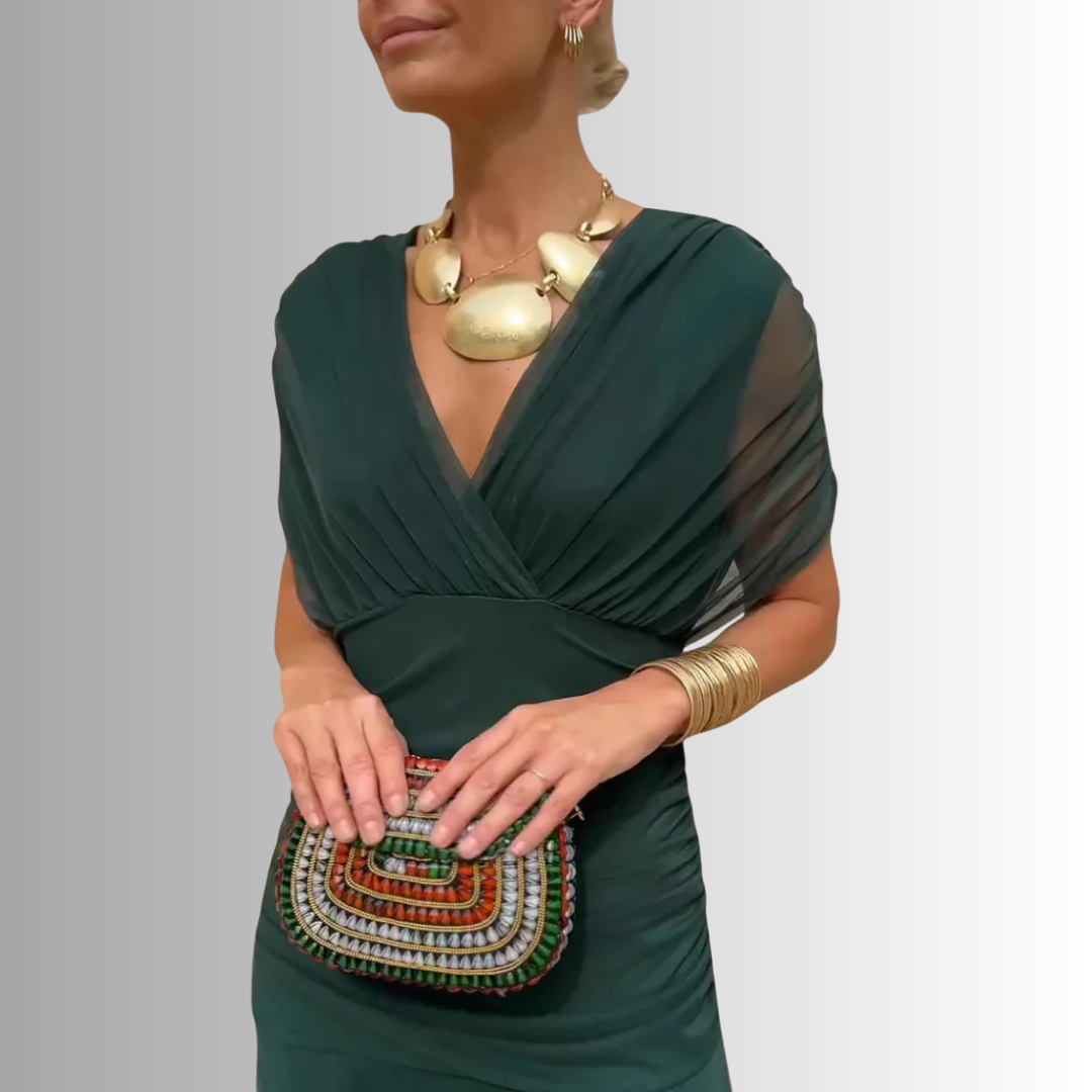 Women's Draped Off-Shoulder V-Neck Ruched Maxi Gown