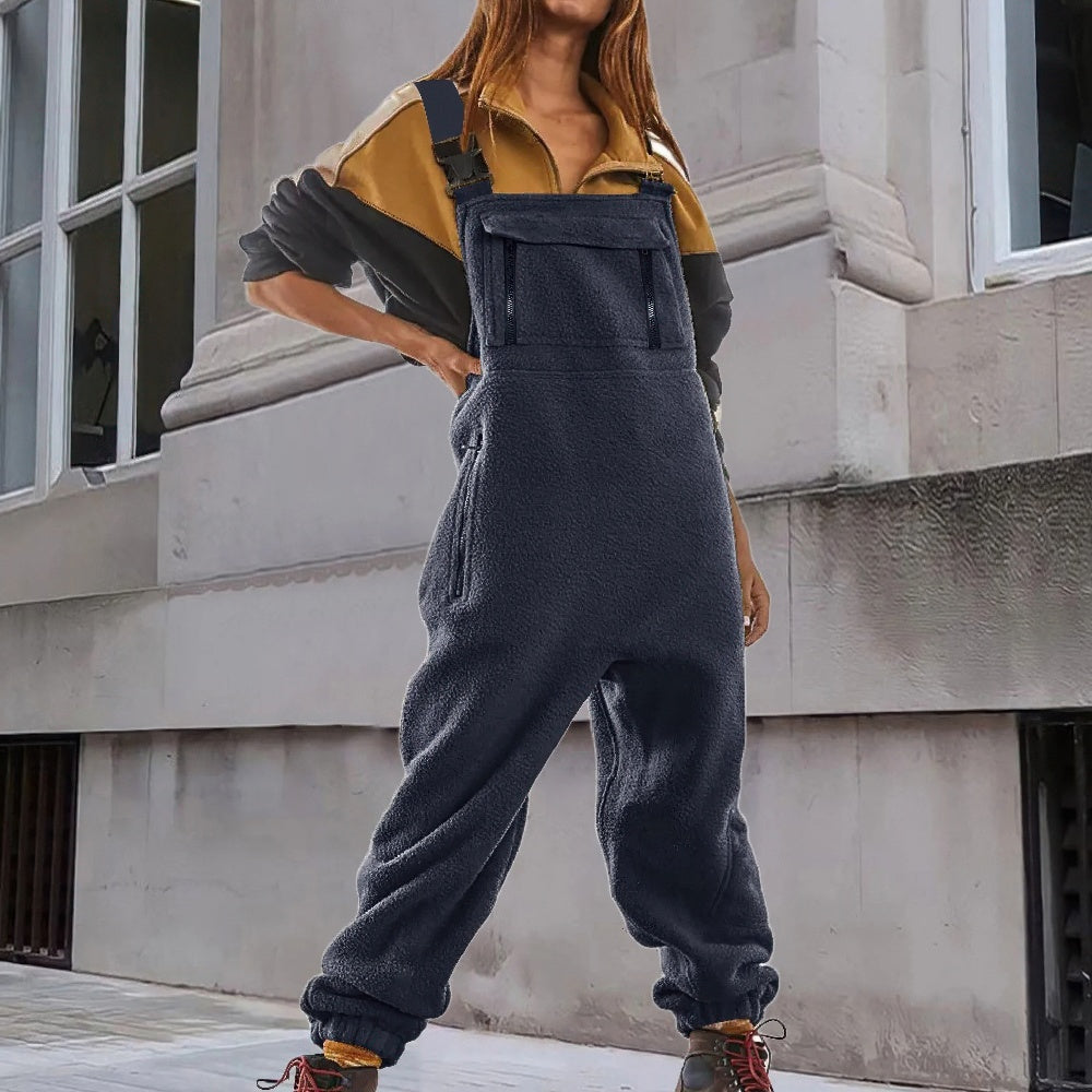 Women's Cozy Fleece Bib Jumpsuit with Adjustable Straps