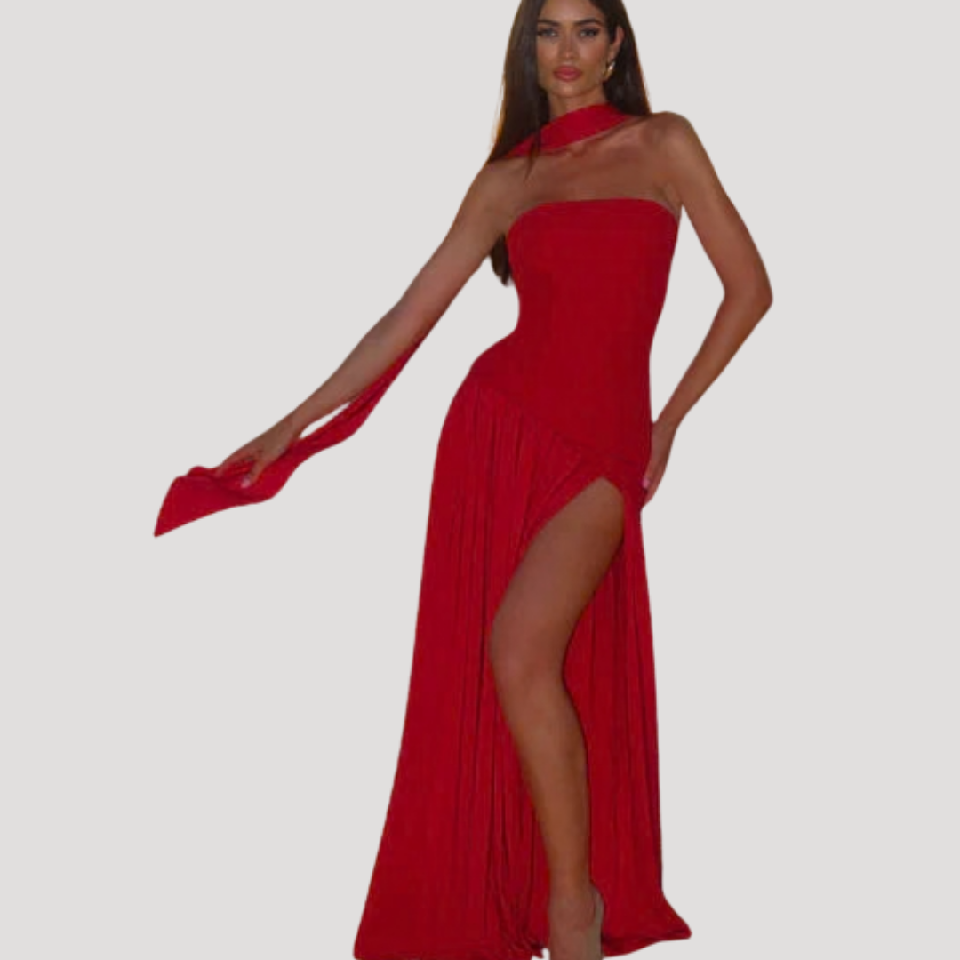 Women's Strapless High-Slit Evening Maxi Dress with Scarf Detail