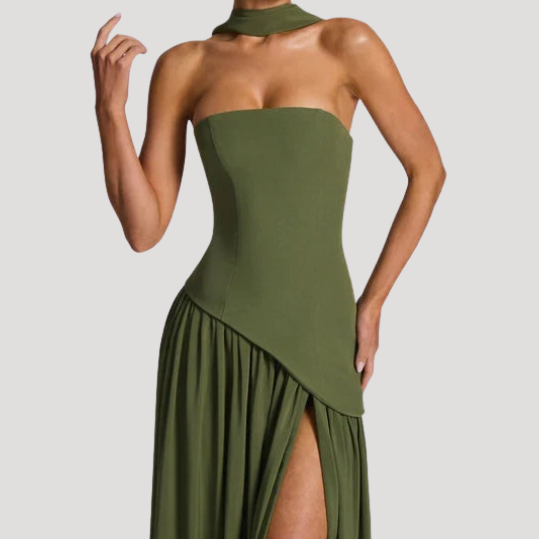 Women's Strapless High-Slit Evening Maxi Dress with Scarf Detail