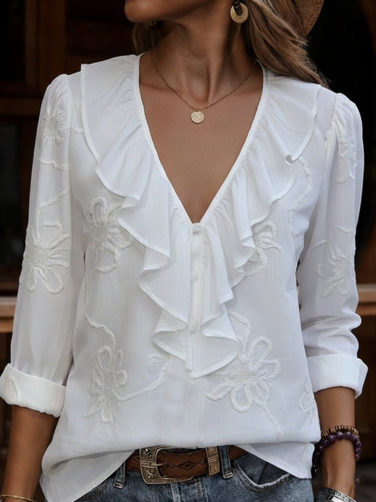 Women's Vintage Floral V-Neck Blouse with Frill