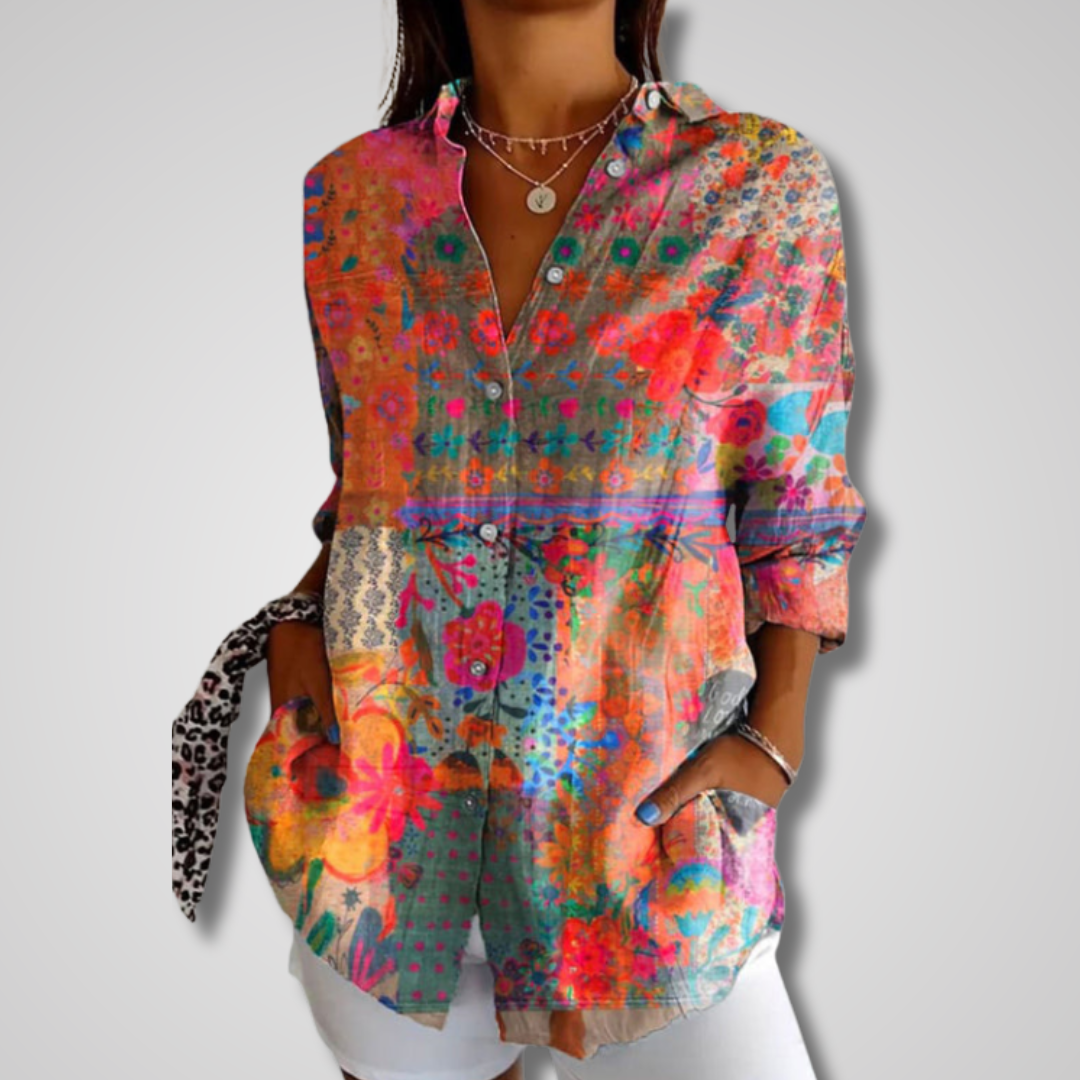 Women’s Vintage Floral Print Button-Up Blouse with Relaxed Fit