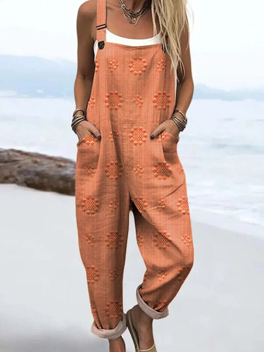 Women's Relaxed Pattern Jumpsuit with Practical Pockets