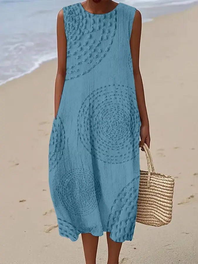 Women's Embroidered Textured Midi Dress with Artistic Pattern