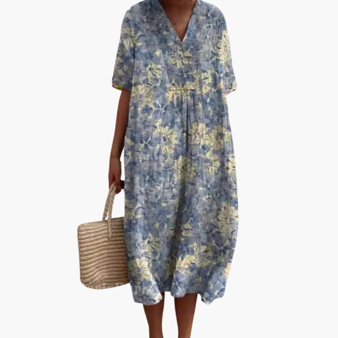 Women's Floral Print Relaxed Midi Dress with Pockets