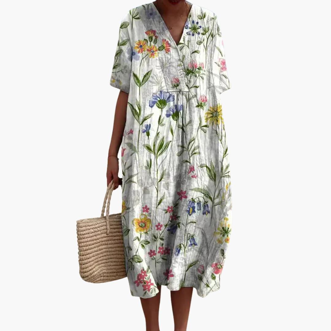 Women's Floral Print Relaxed Midi Dress with Pockets