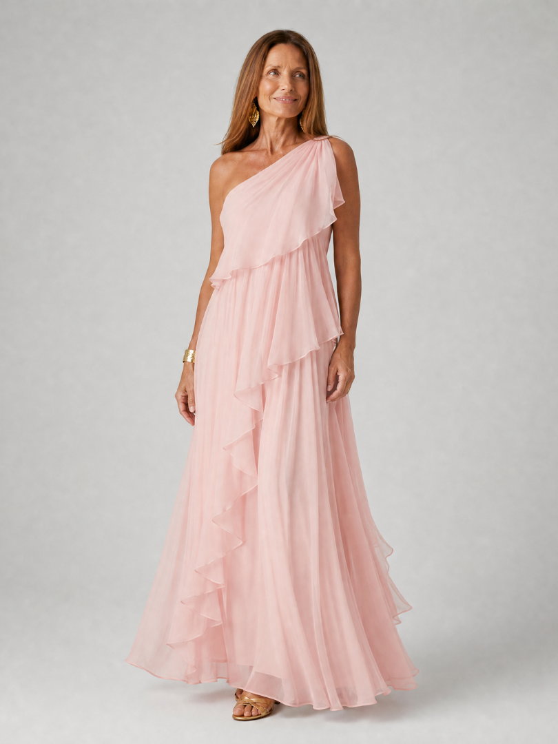 Women’s One Shoulder Maxi Dress with Layered Ruffle Skirt