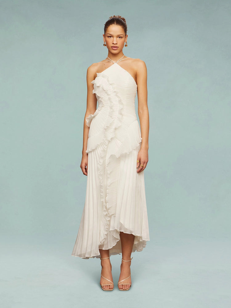Women’s One-Shoulder Ruffle Maxi Dress with Pleated Asymmetrical Hem