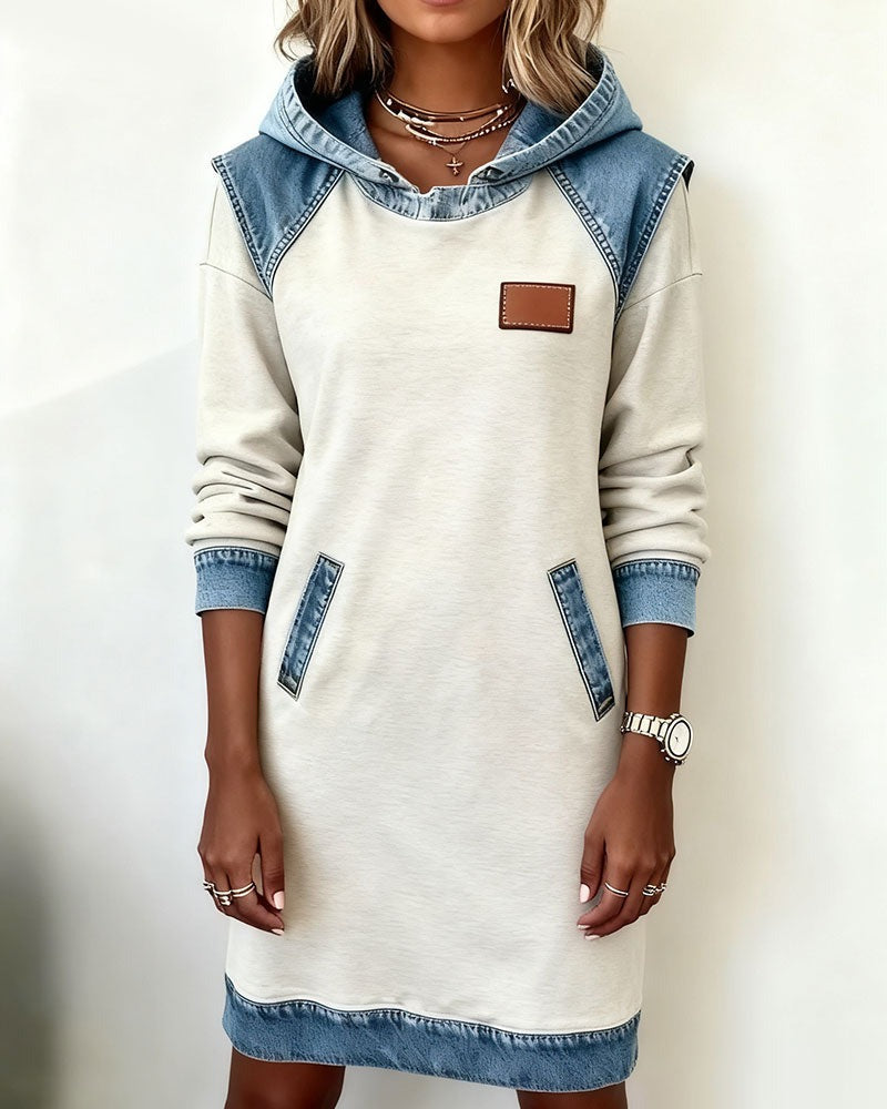 Women's Hooded Denim Trim Sweatshirt Dress