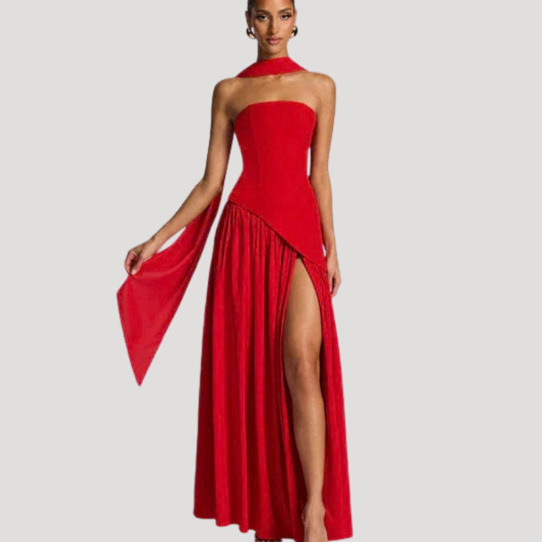 Women's Strapless High-Slit Evening Maxi Dress with Scarf Detail