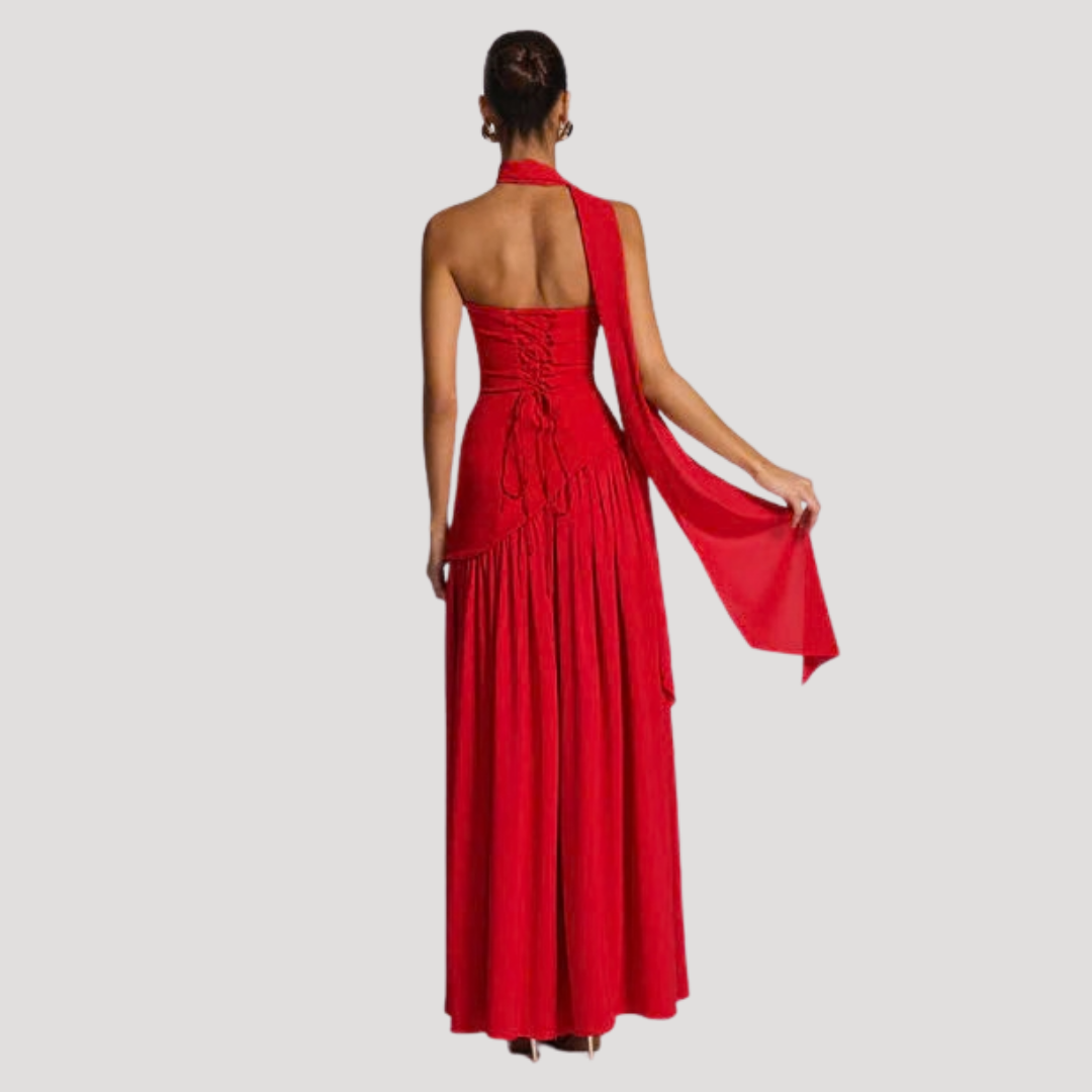 Women's Strapless High-Slit Evening Maxi Dress with Scarf Detail