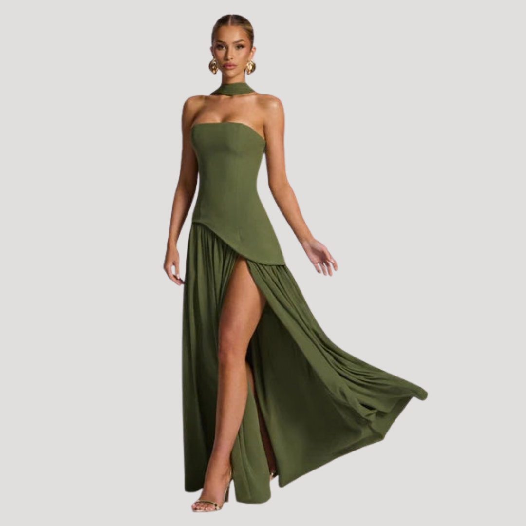 Women's Strapless High-Slit Evening Maxi Dress with Scarf Detail