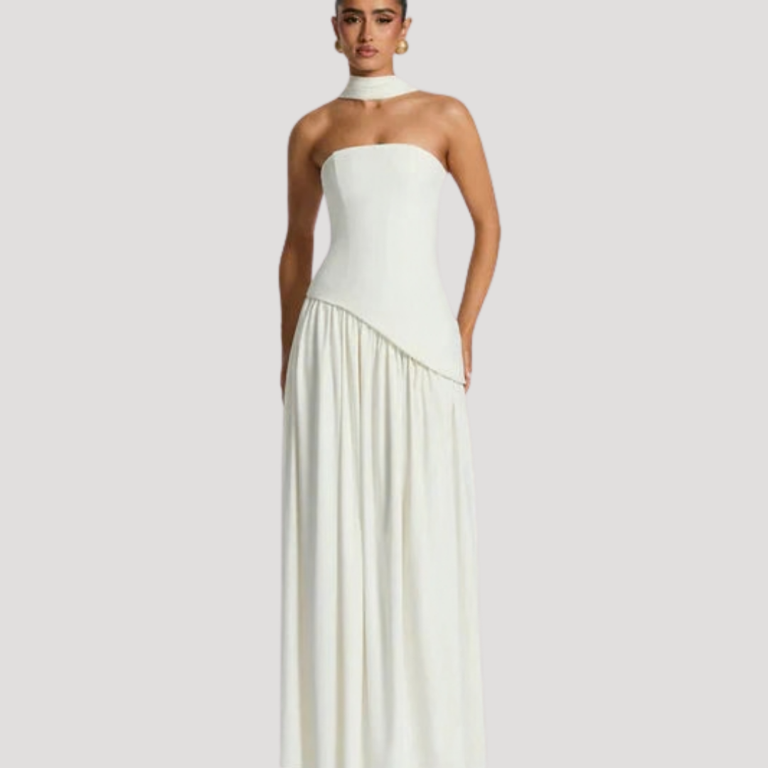 Women's Strapless High-Slit Evening Maxi Dress with Scarf Detail