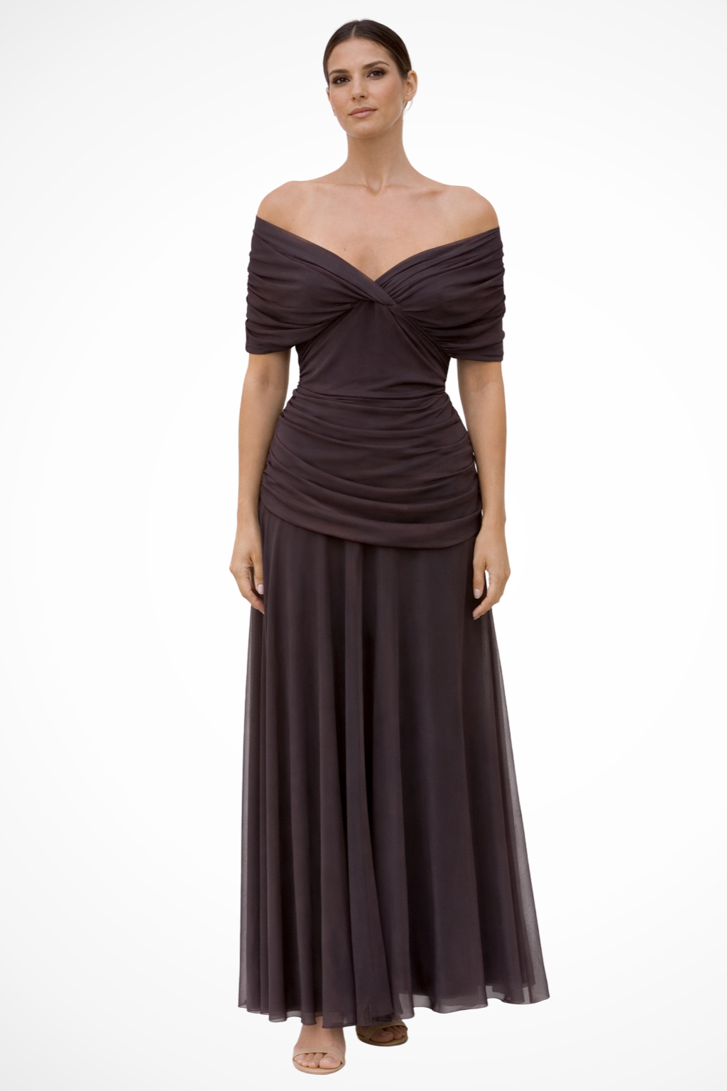 Women’s Elegant Off Shoulder Ruched Maxi Dress with Draped Bodice