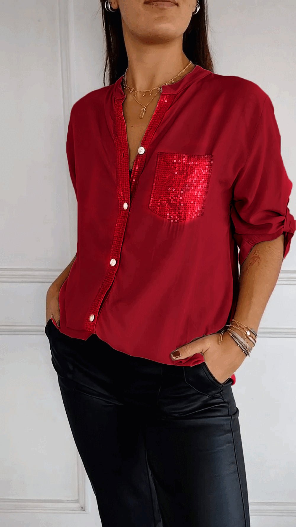 Women's Sequin Pocket Button-Up Blouse