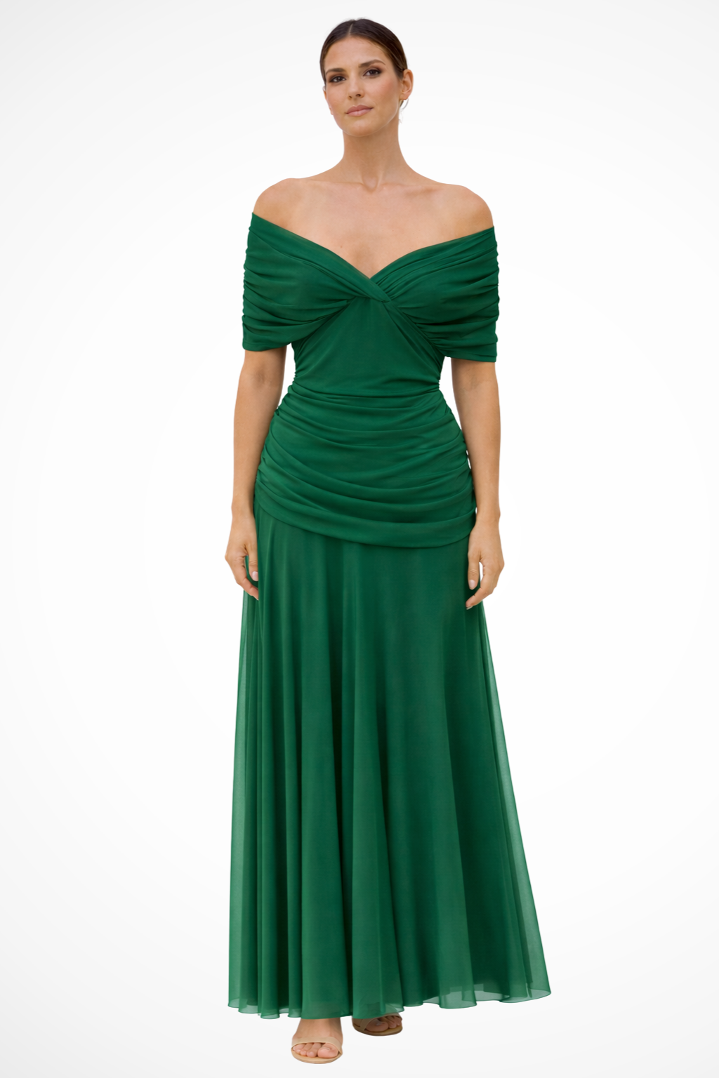Women’s Elegant Off Shoulder Ruched Maxi Dress with Draped Bodice