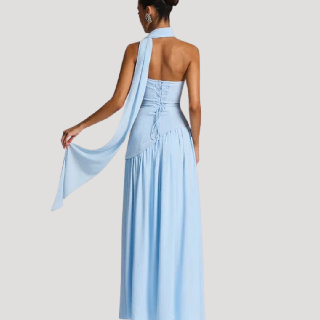 Women's Strapless High-Slit Evening Maxi Dress with Scarf Detail