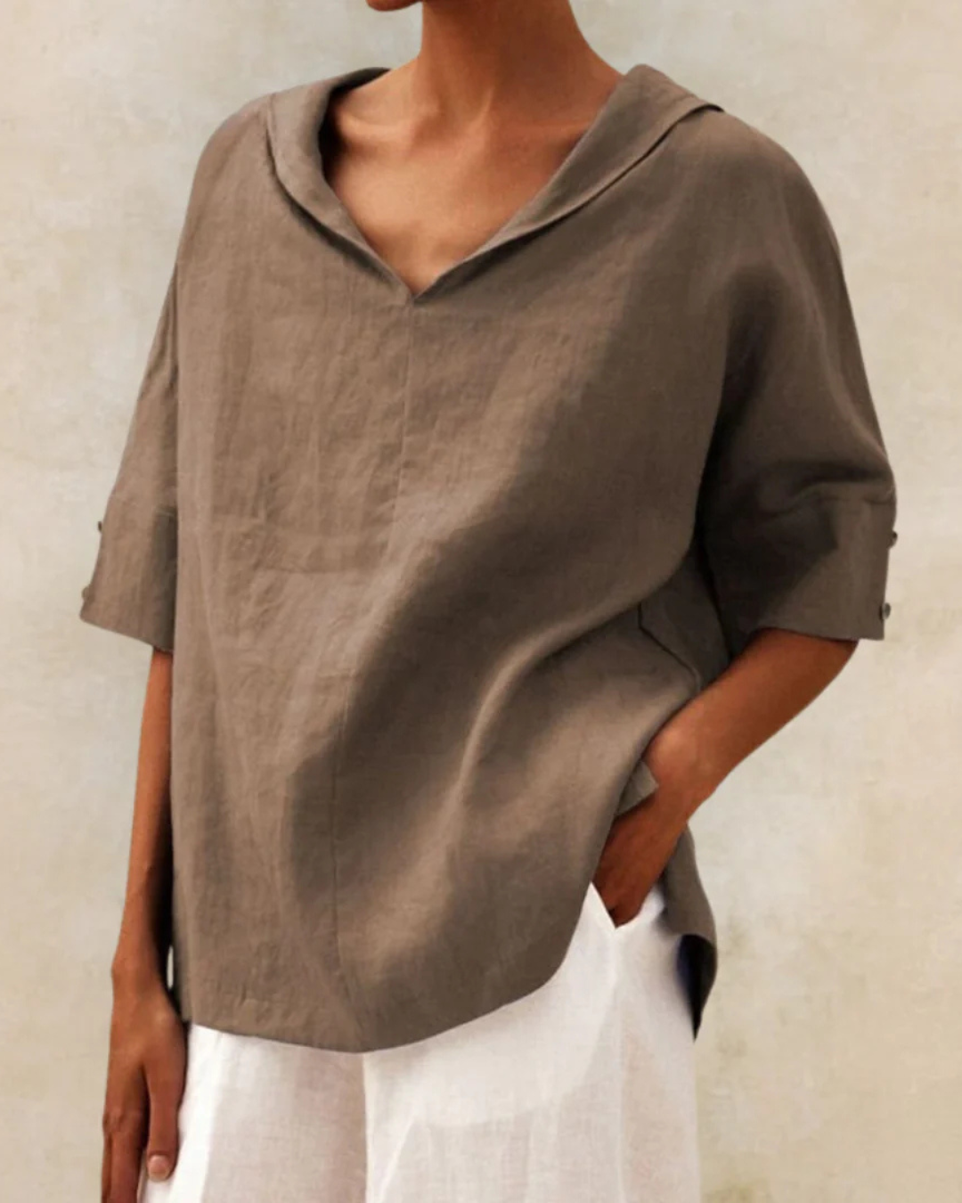 Women’s Relaxed V-Neck Blouse with Rolled Short Sleeves