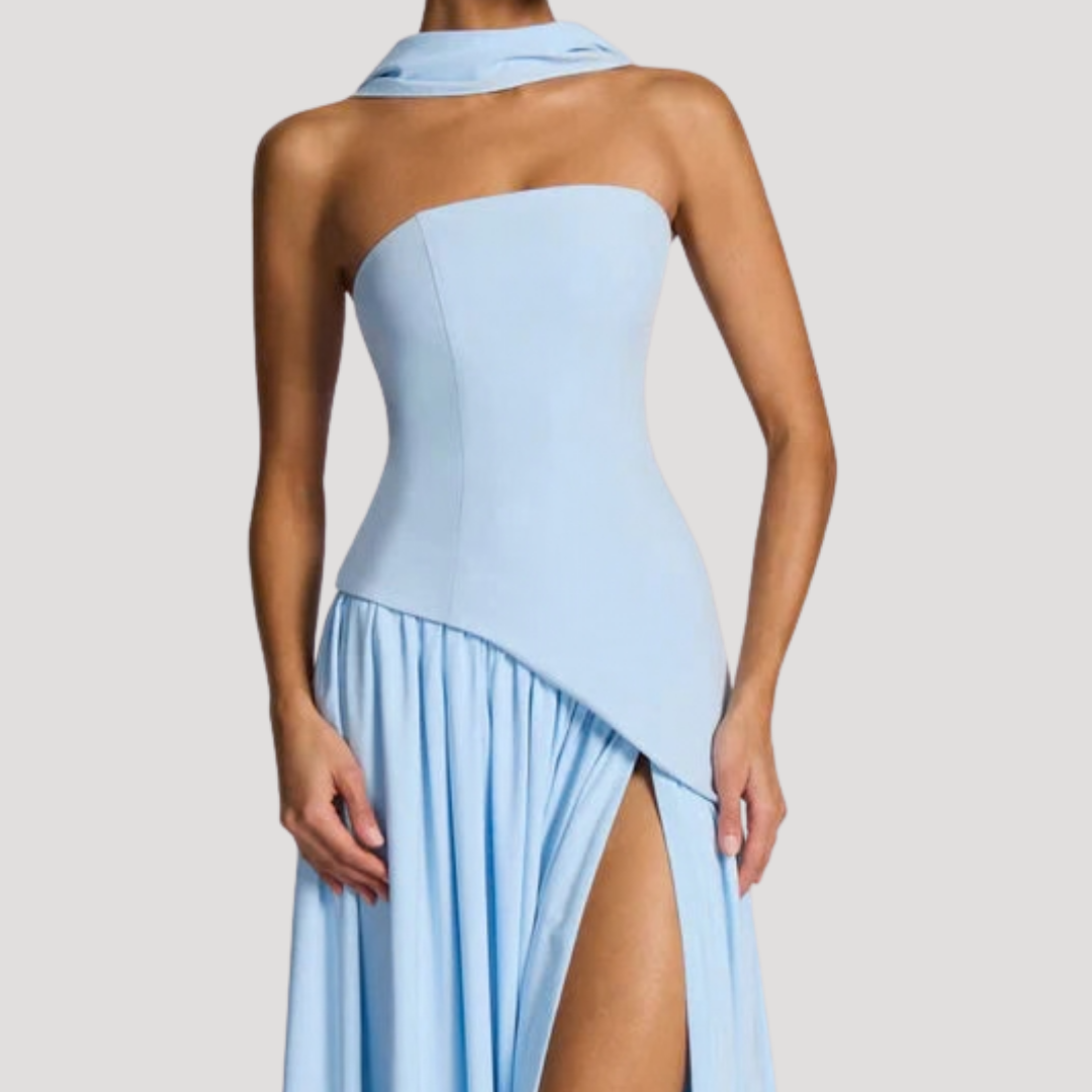 Women's Strapless High-Slit Evening Maxi Dress with Scarf Detail