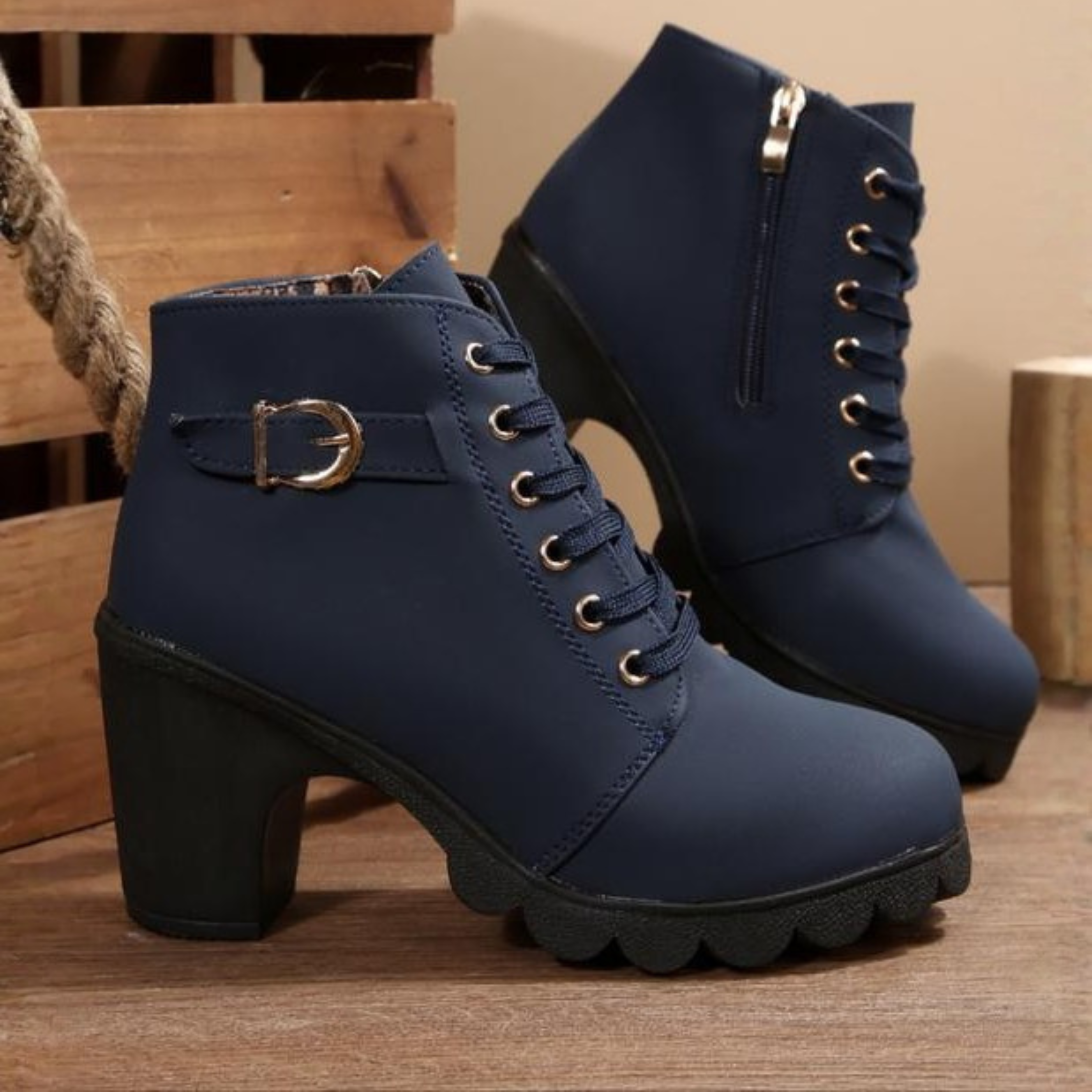 Women's Lace-Up Metal Buckle Chunky Ankle Boots