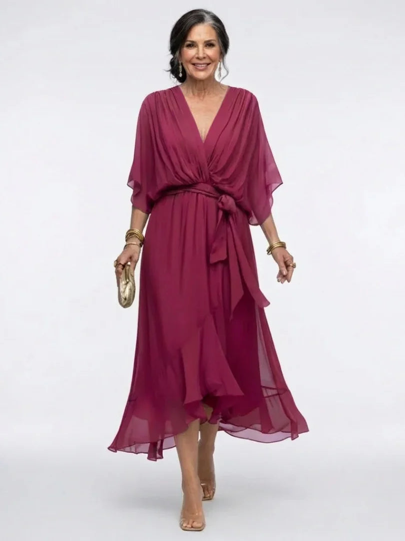 Women's V-Neck Draped Waist Tie Midi Dress