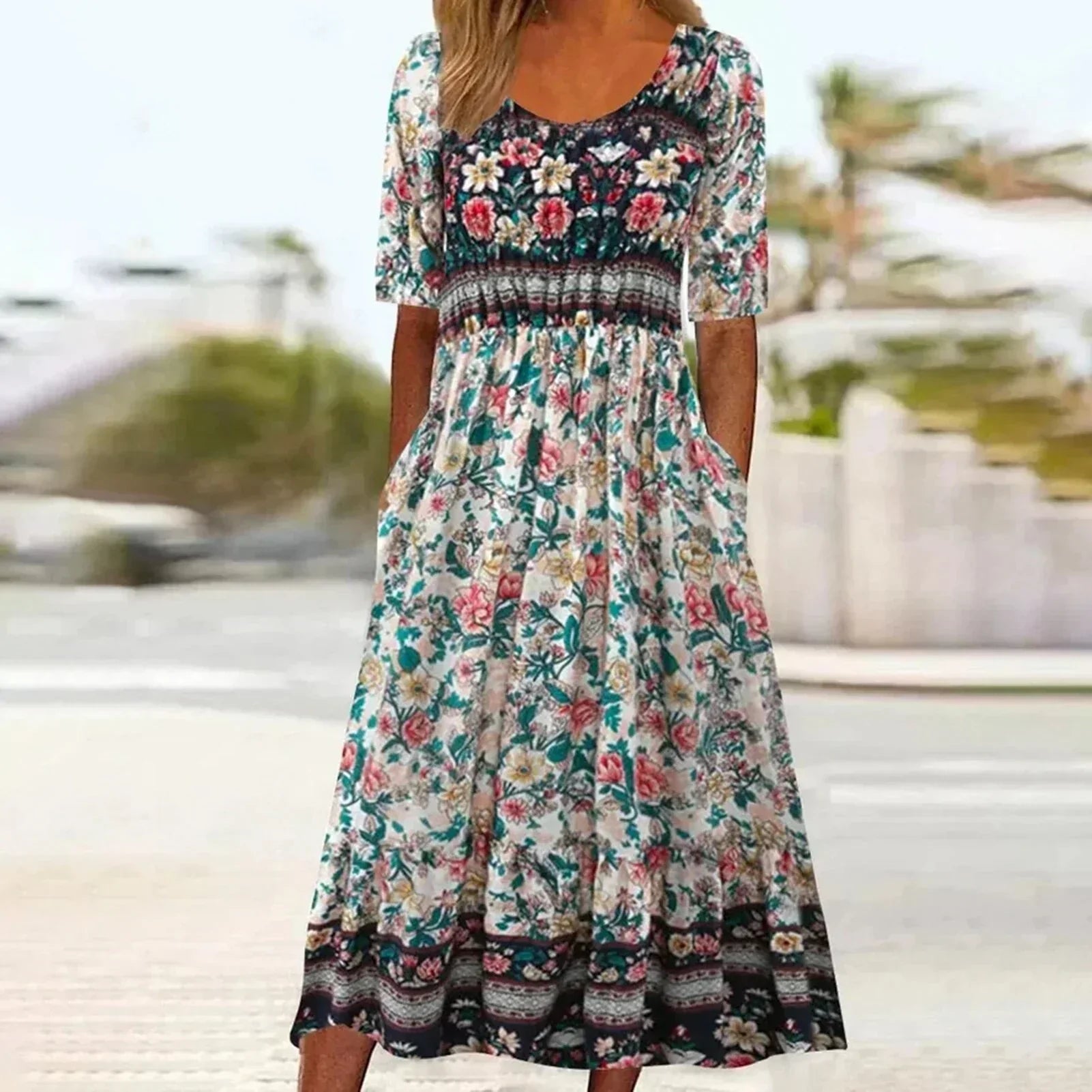Women's Boho Print Square Neck Shirred Midi Dress