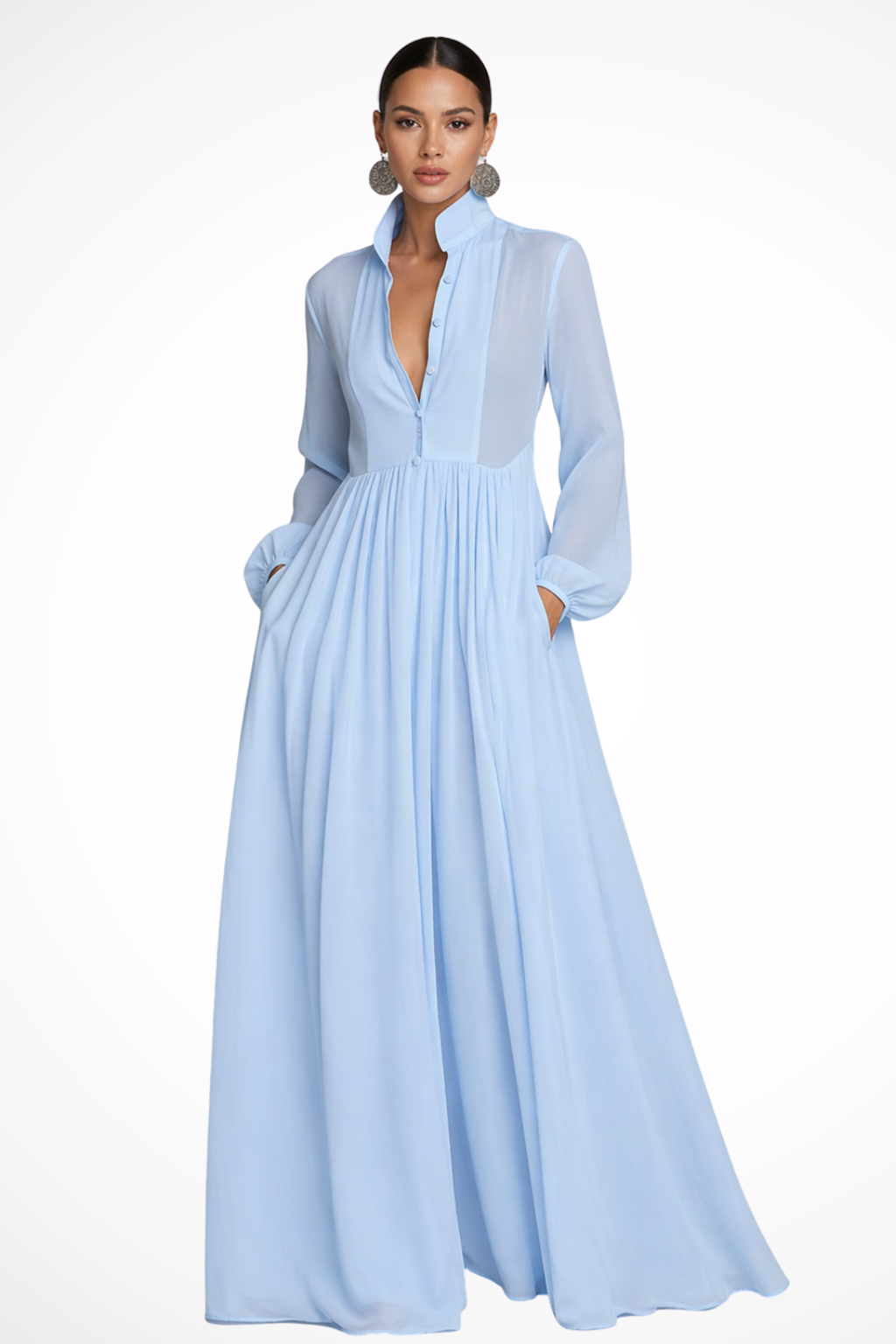 Women's Long Sleeve Button Maxi Dress with Pockets