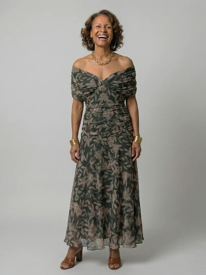 Women's Floral Mesh Maxi Dress with Ruched Bodice