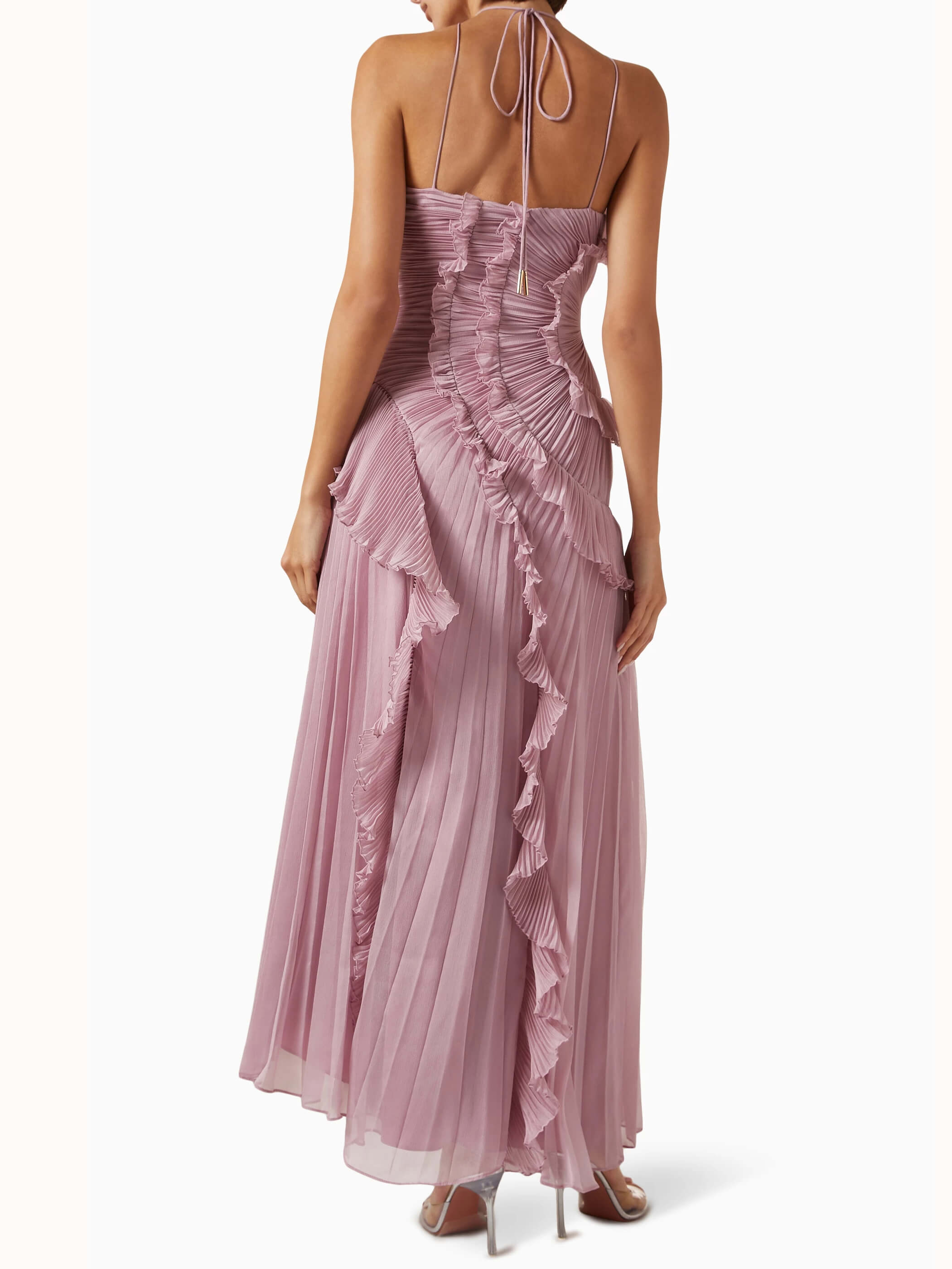 Women’s One-Shoulder Ruffle Maxi Dress with Pleated Asymmetrical Hem