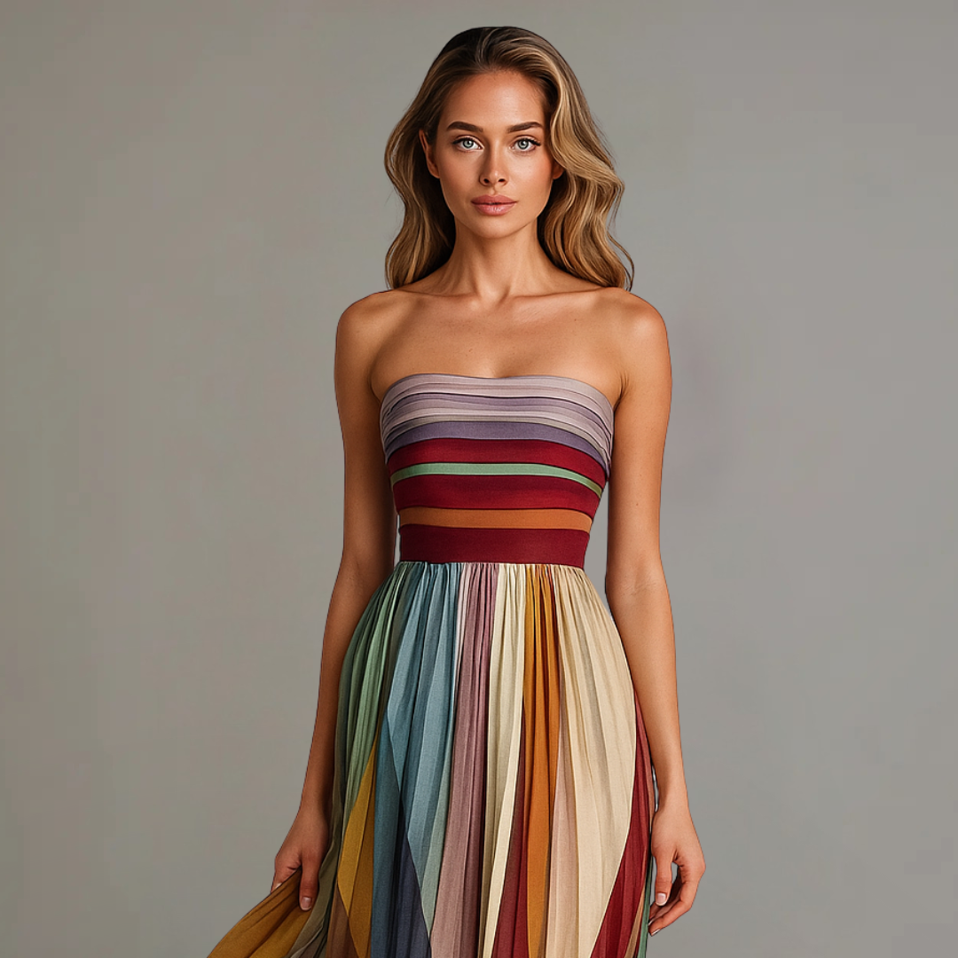 Women's Strapless Fitted Bodice Pleated Panel Maxi Dress