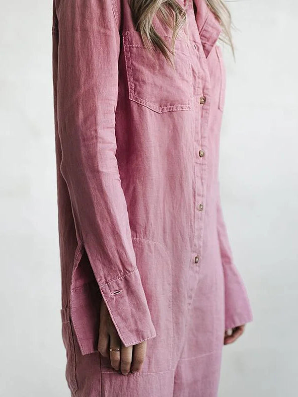 Relaxed Long Sleeve Button Front Utility Jumpsuit