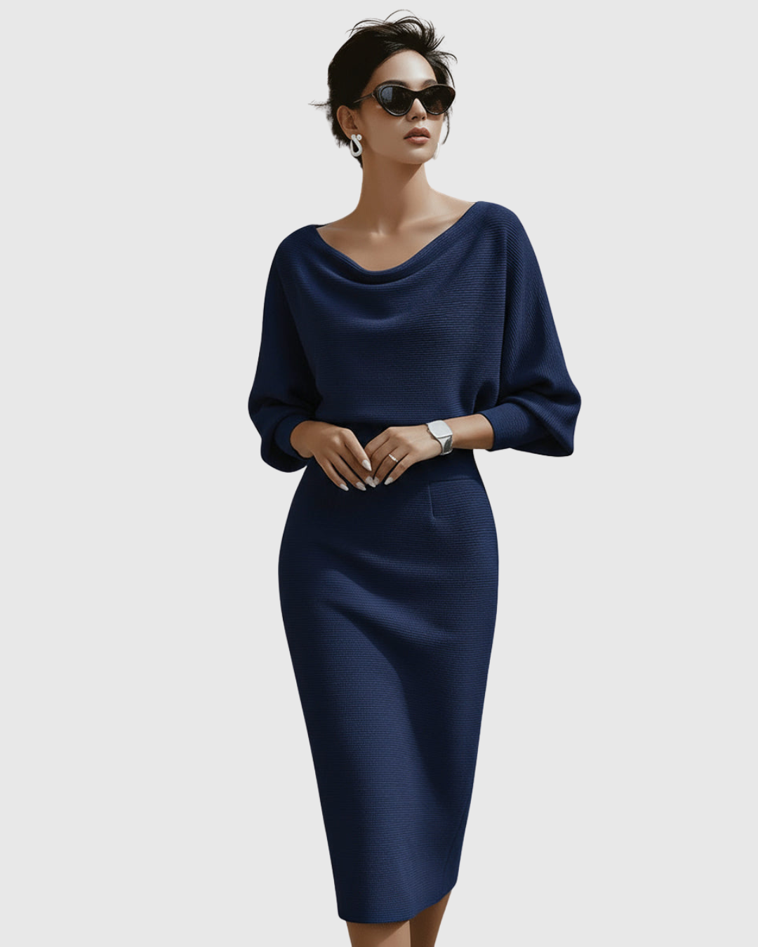 Women's Elegant Draped Neck Bodycon Midi Dress