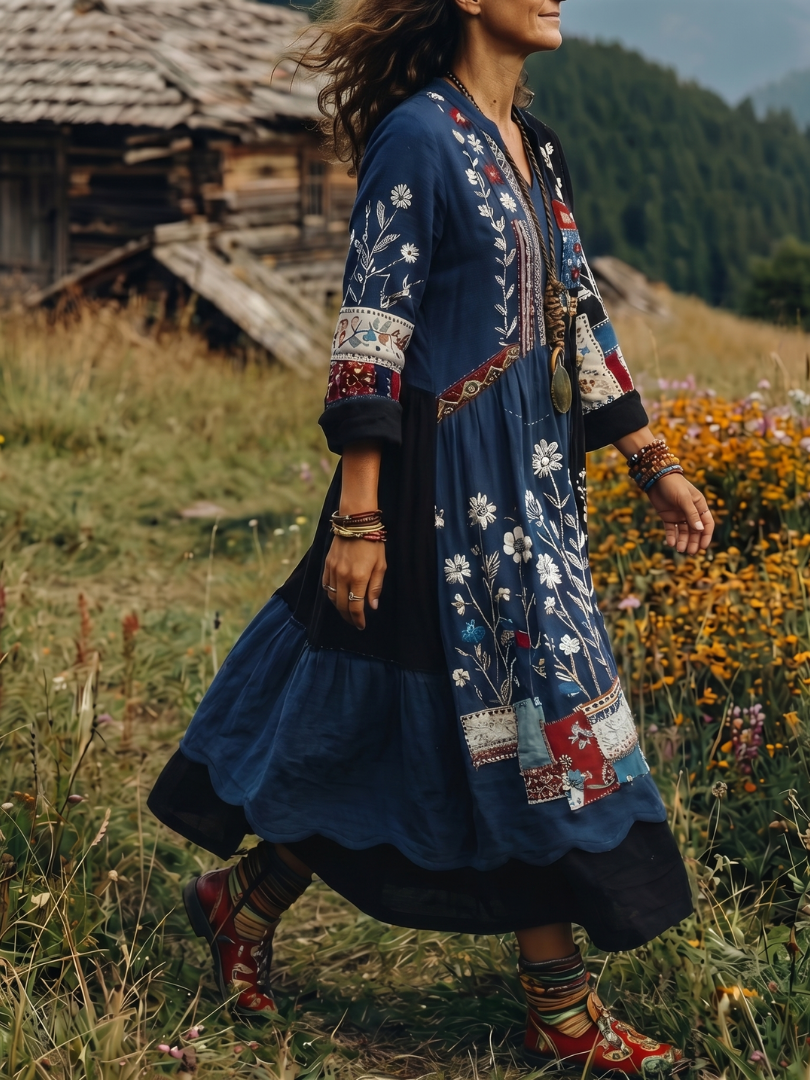 Women's Bohemian Floral Print Long Sleeve Midi Dress