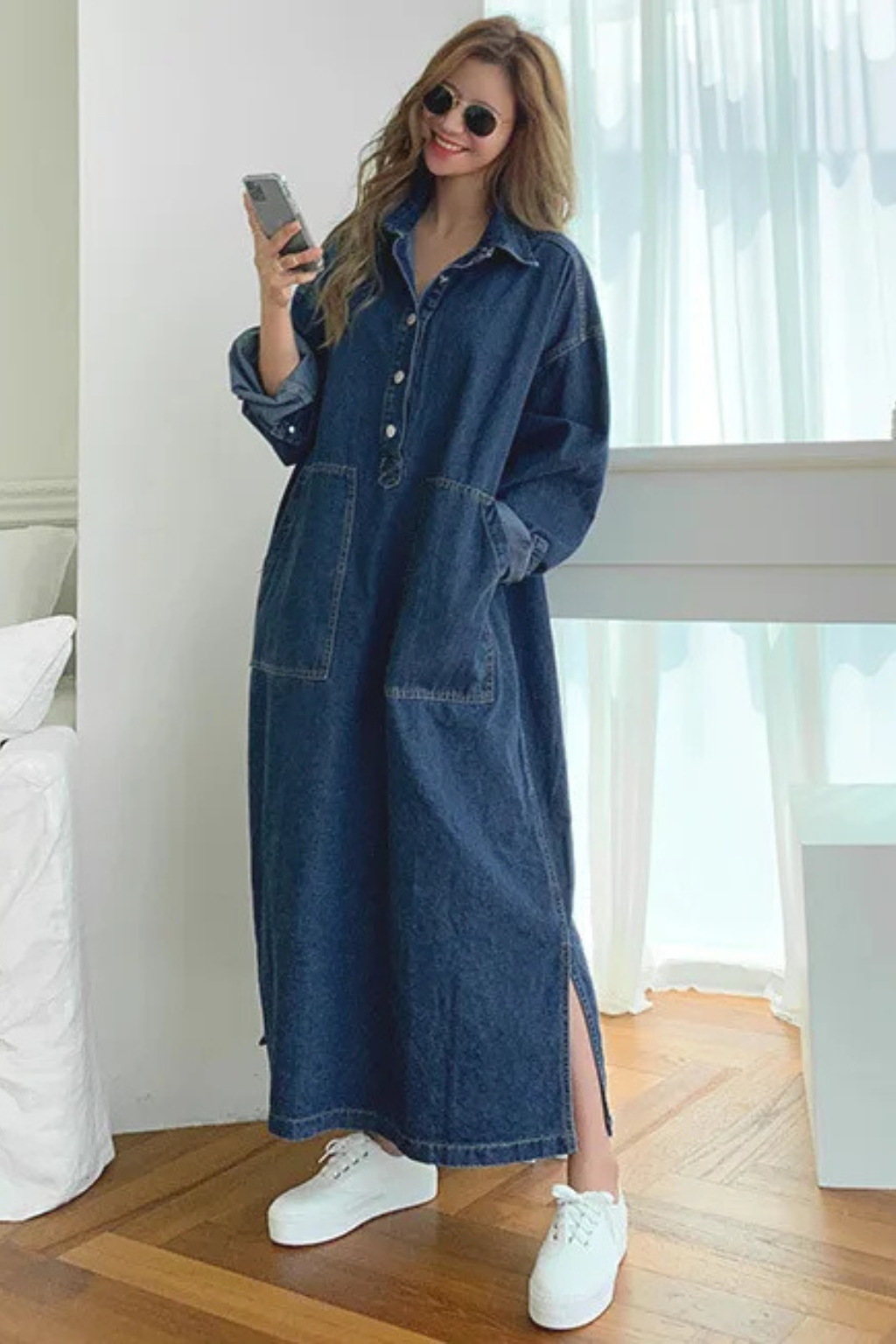 Women’s Oversized Denim Shirt Maxi Dress with Button Front