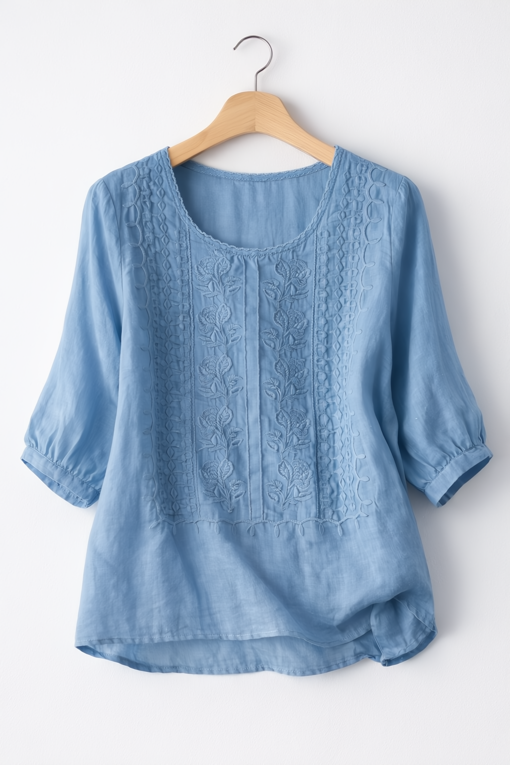 Women's Round Neck Blouse with Elastic Cuffs