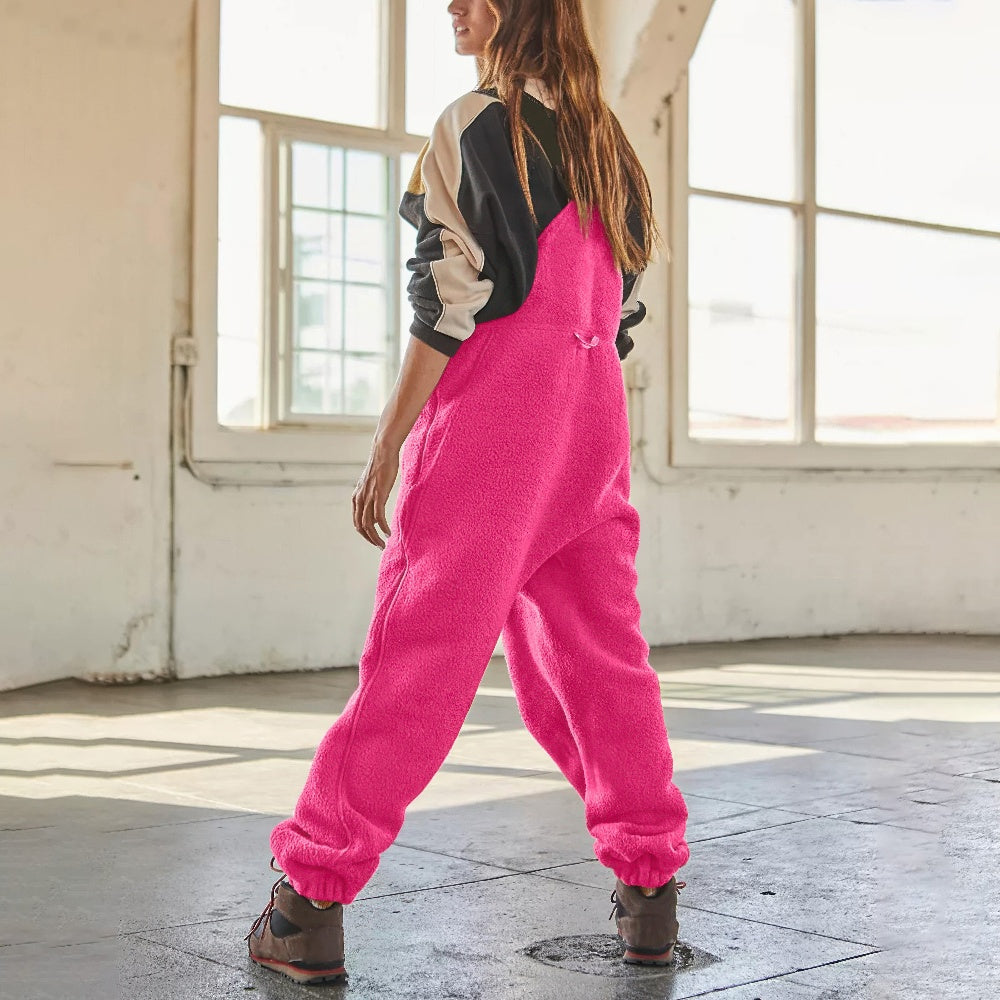 Women's Cozy Fleece Bib Jumpsuit with Adjustable Straps