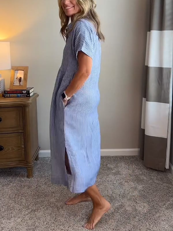 Casual Striped Button-Front Midi Dress for Women