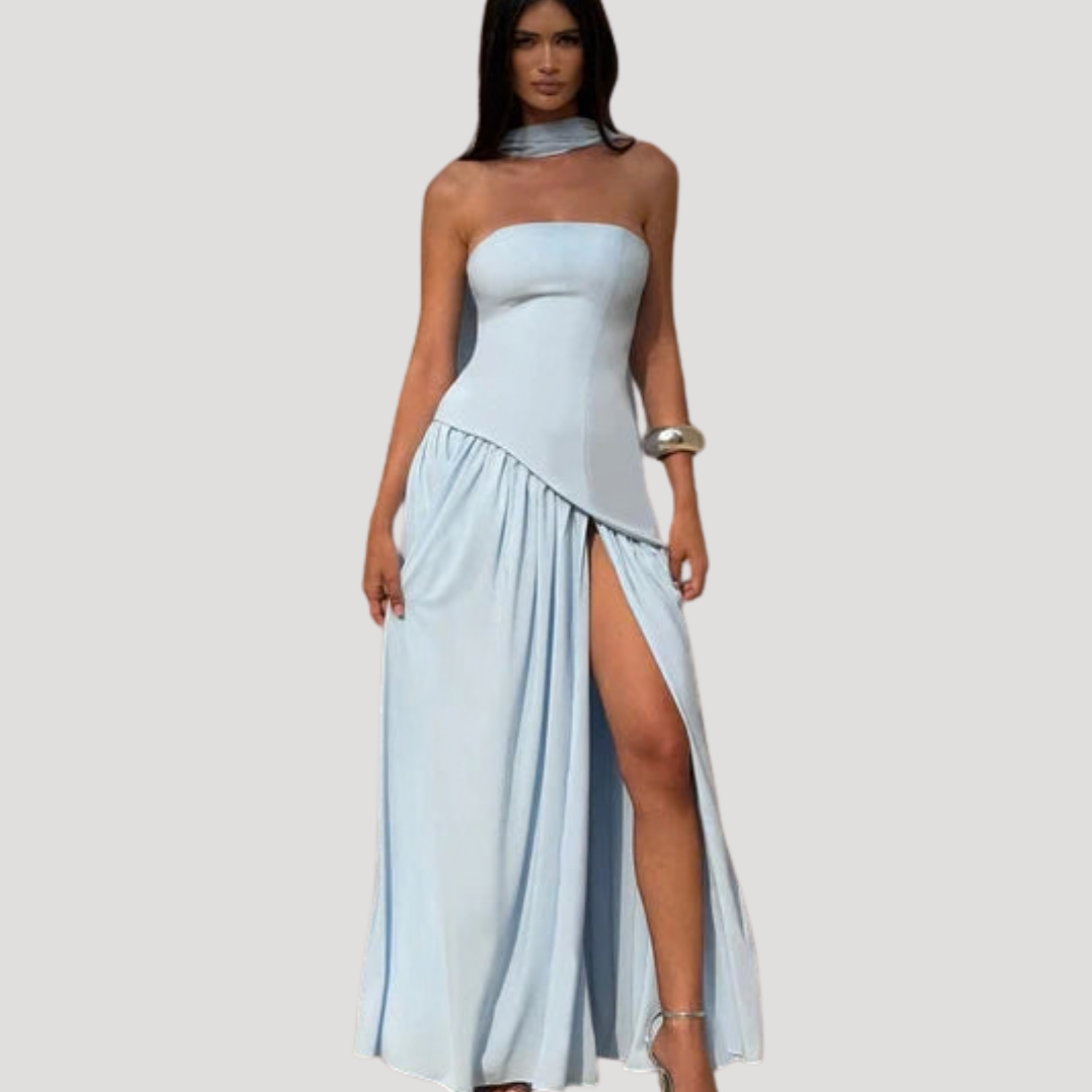 Women's Strapless High-Slit Evening Maxi Dress with Scarf Detail
