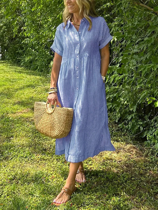 Women's Relaxed Striped Midi Shirt Dress with Button Front and Side Po
