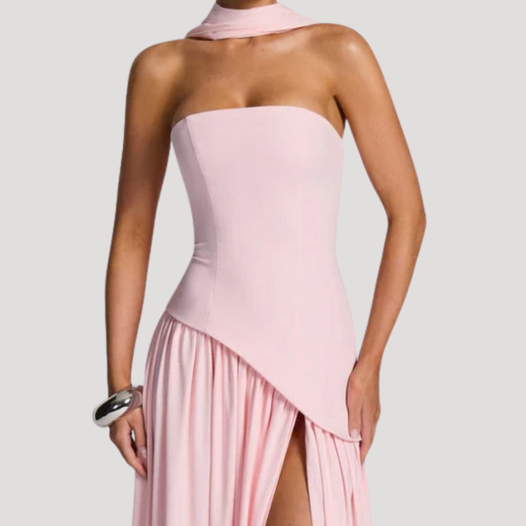 Women's Strapless High-Slit Evening Maxi Dress with Scarf Detail