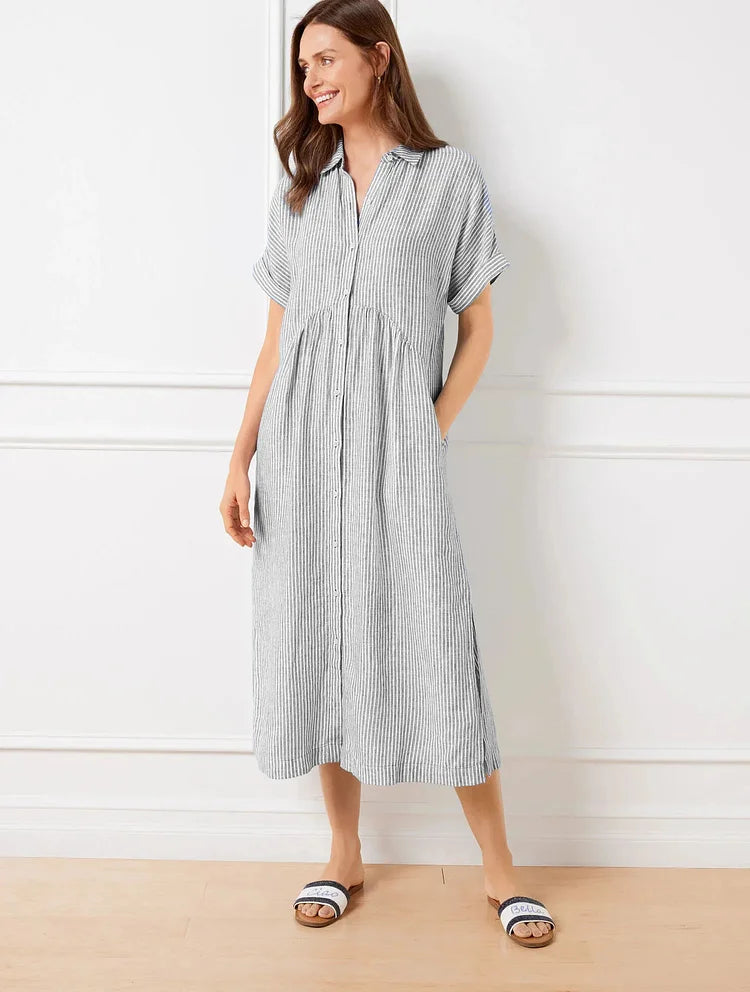 Women’s Relaxed Striped Midi Shirt Dress with Button Front and Side Pockets