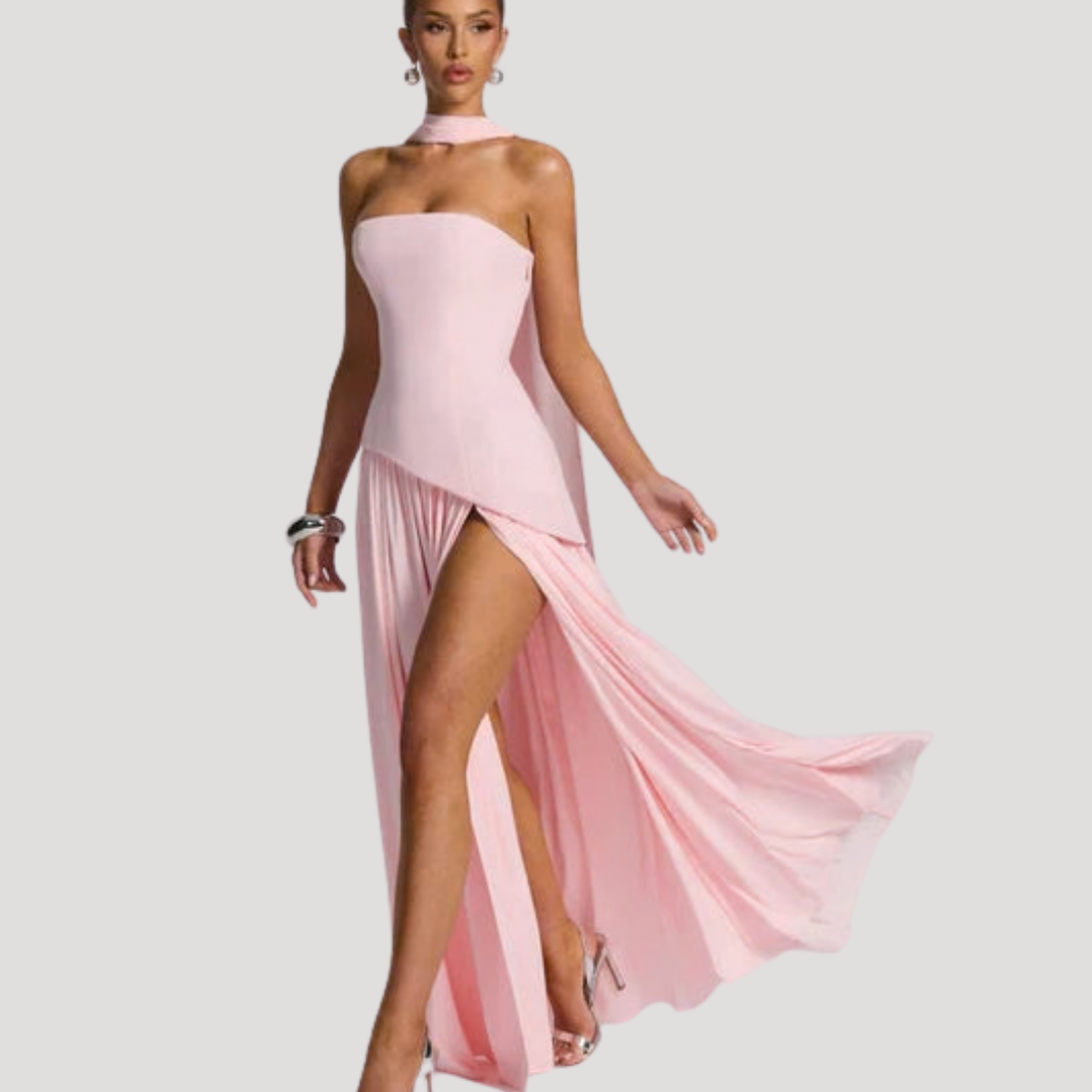 Women's Strapless High-Slit Evening Maxi Dress with Scarf Detail