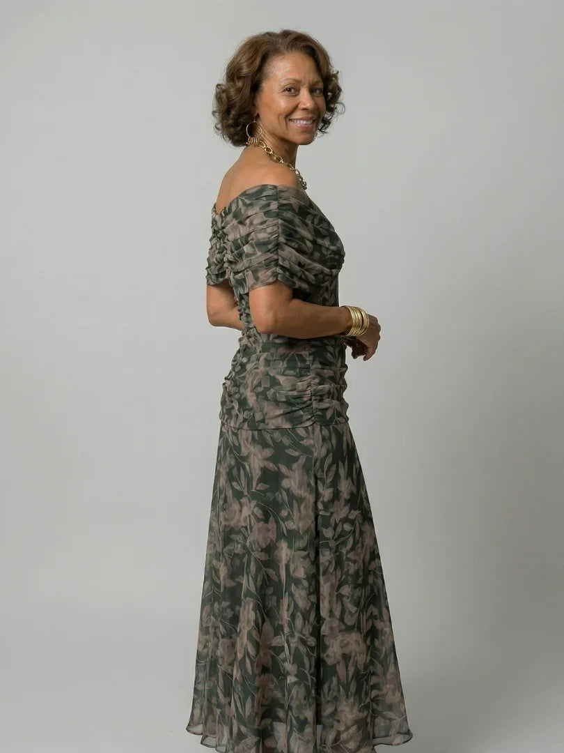 Women's Floral Mesh Maxi Dress with Ruched Bodice