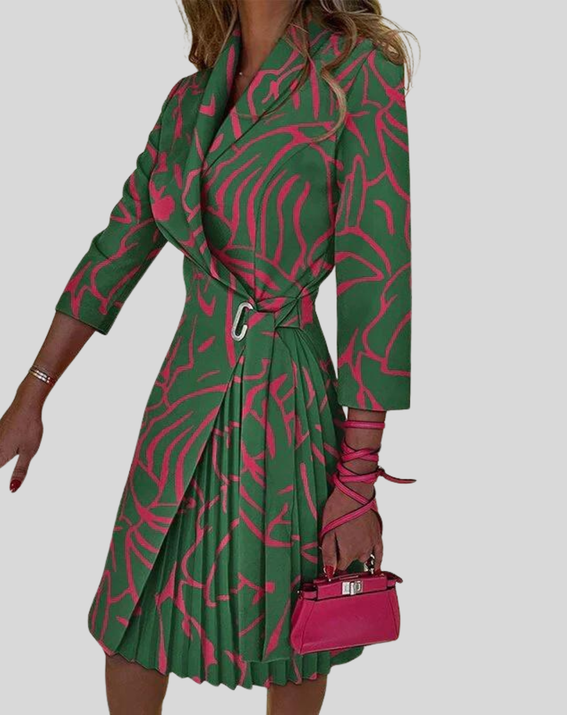 Women's Pleated Wrap Midi Dress with Tie Waist