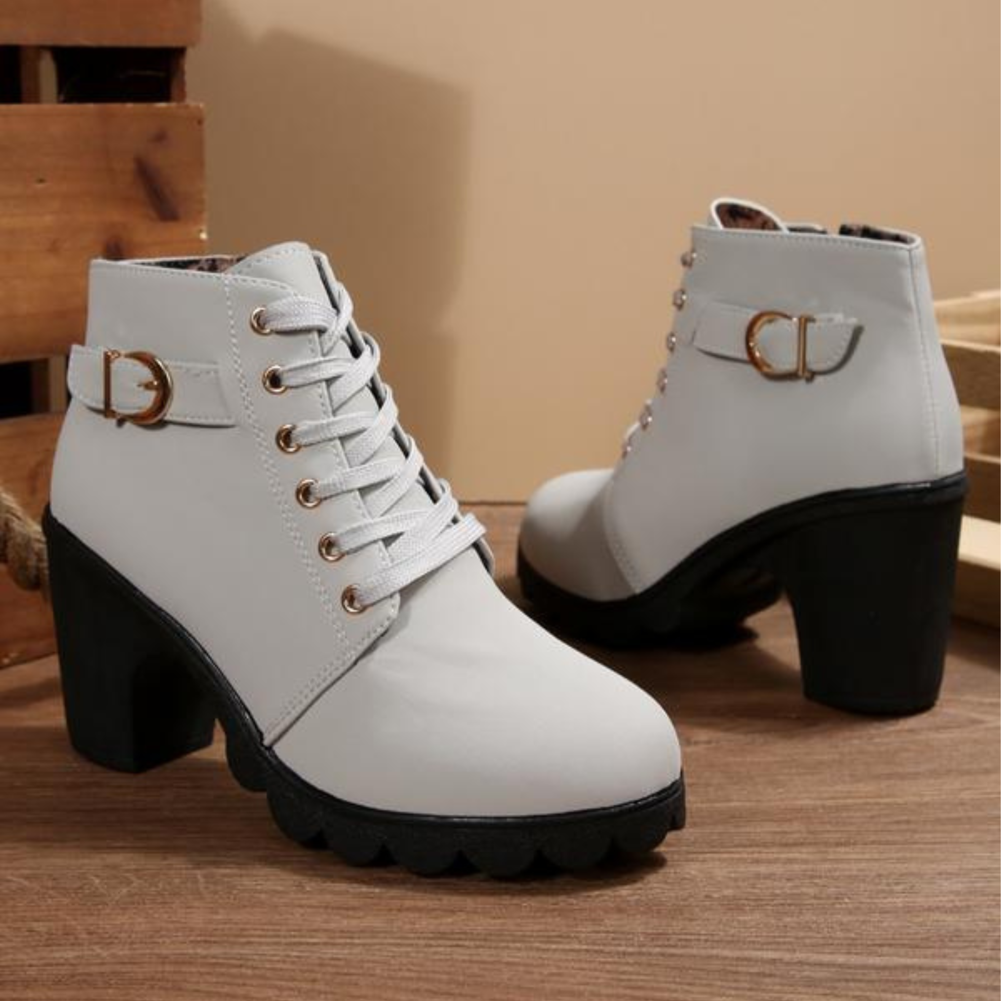 Women's Lace-Up Metal Buckle Chunky Ankle Boots