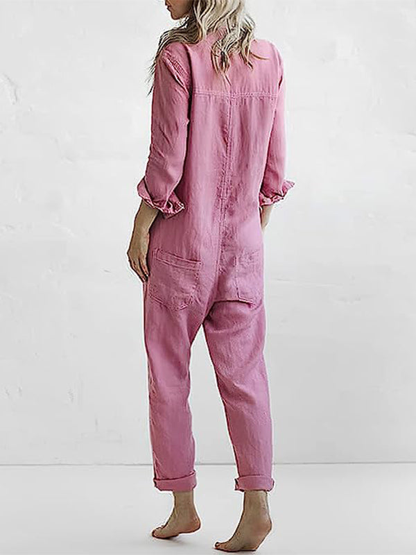 Relaxed Long Sleeve Button Front Utility Jumpsuit