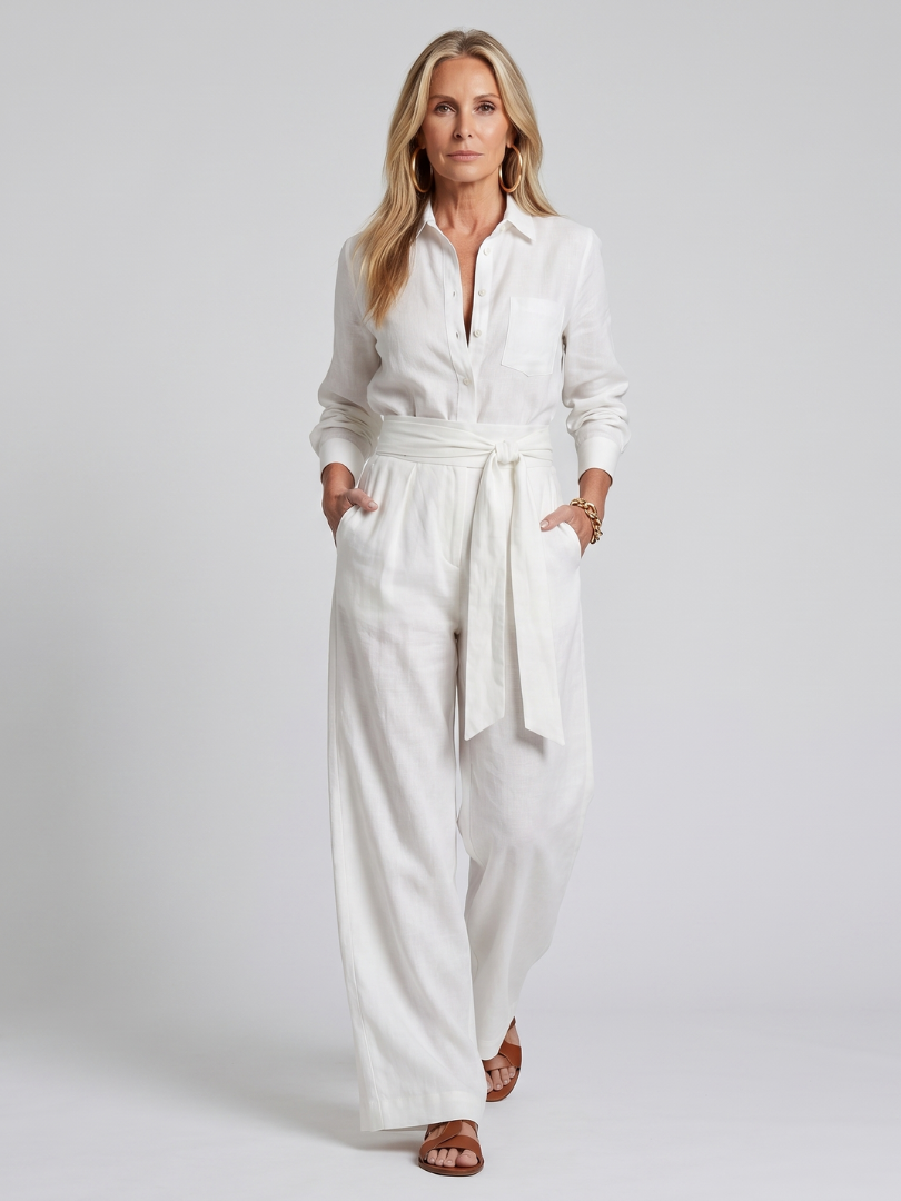 Women's Long Sleeve Button Front Wide Leg Jumpsuit